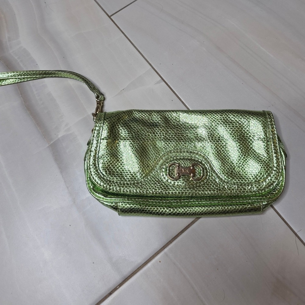 Michael Kors Metallic Lime Green Snakeskin Embossed Wristlet Clutch Bag Gold